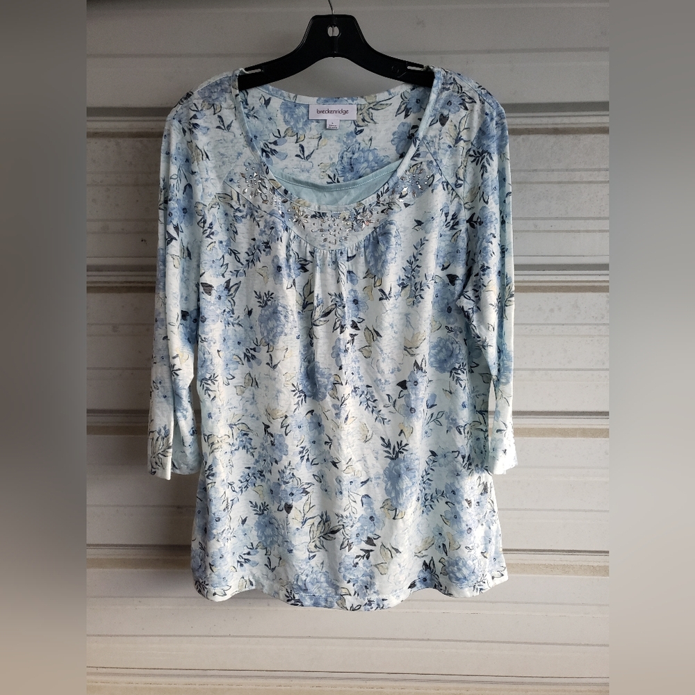 Size Large Blue Floral Print Breckenridge Knit Top Shirt Women's